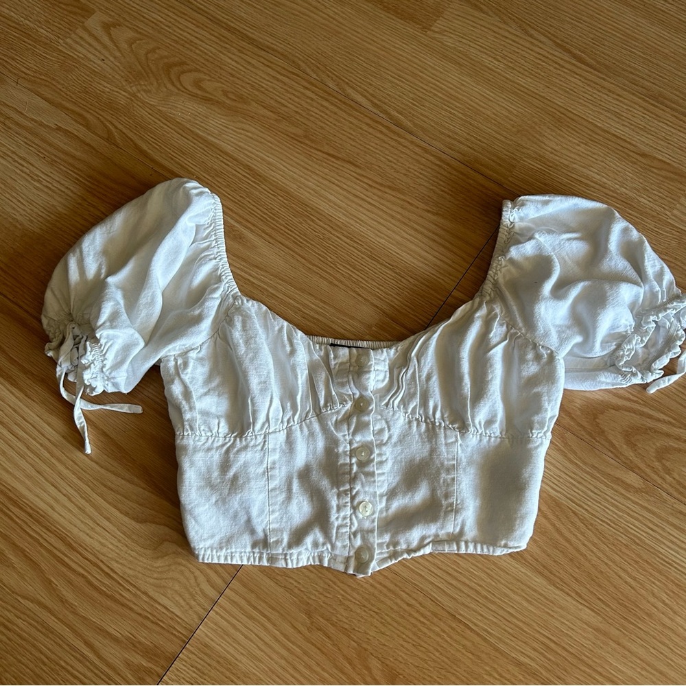 Forever 21 Linen Blend Puff Sleeve Cropped Top Small